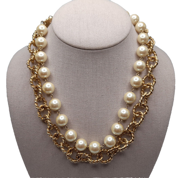 Vintage Faux Pearl & Gold Tone Chain Necklace Double Strand, 18" - Picture 7 of 10